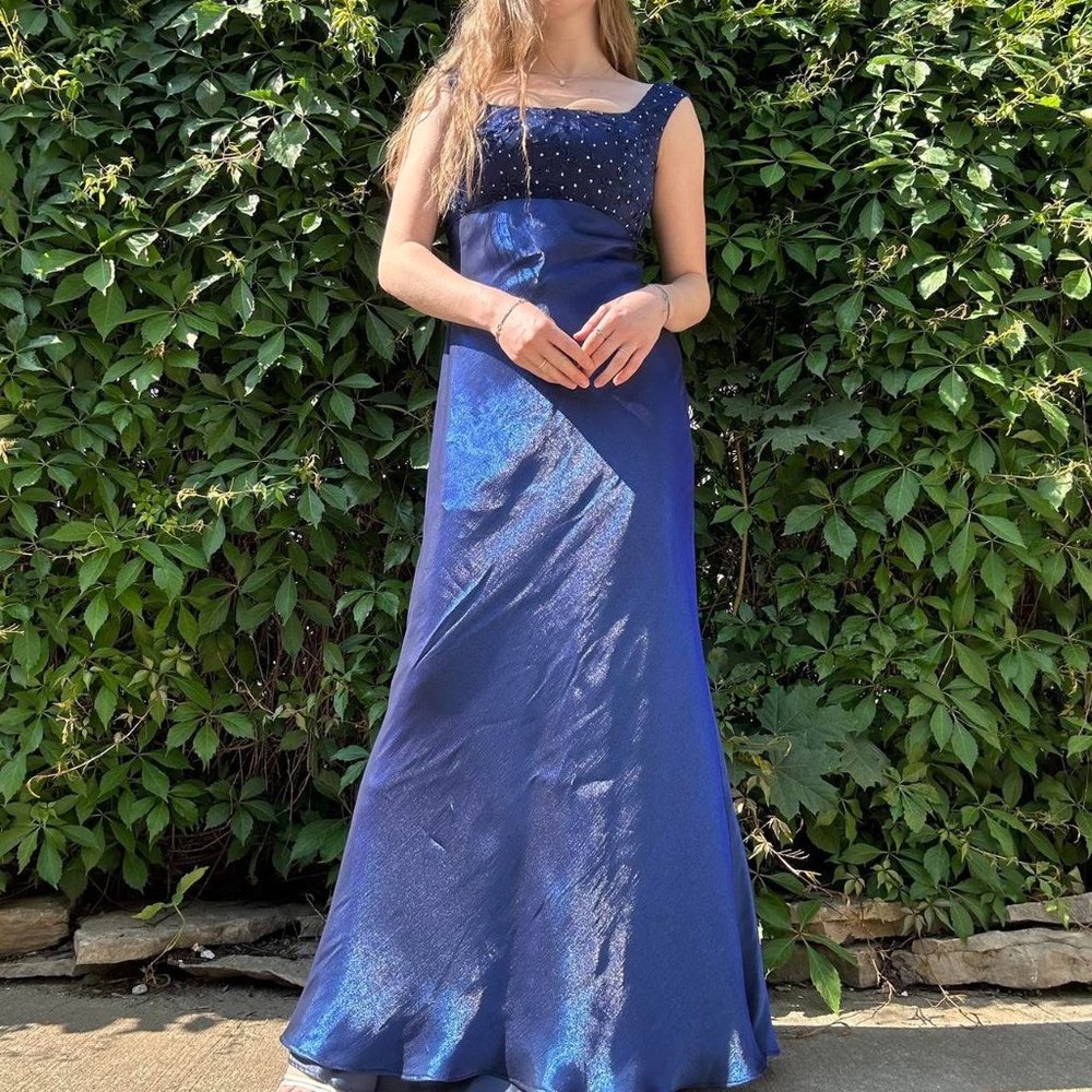 90s navy iridescent floor length prom dress